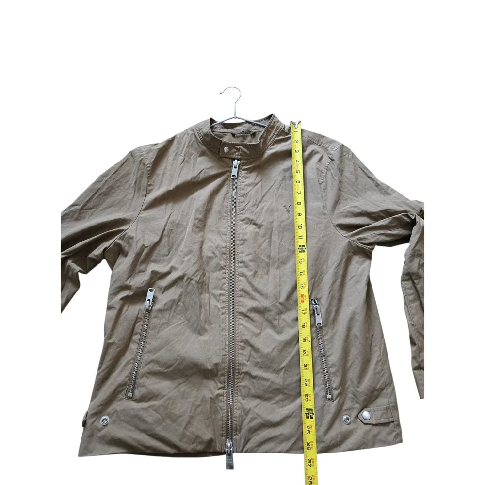 AllSaints Mens Tan Khaki Racer Bomber Jacket XL Embroidered Logo Zip Cuffs - Picture 3 of 16